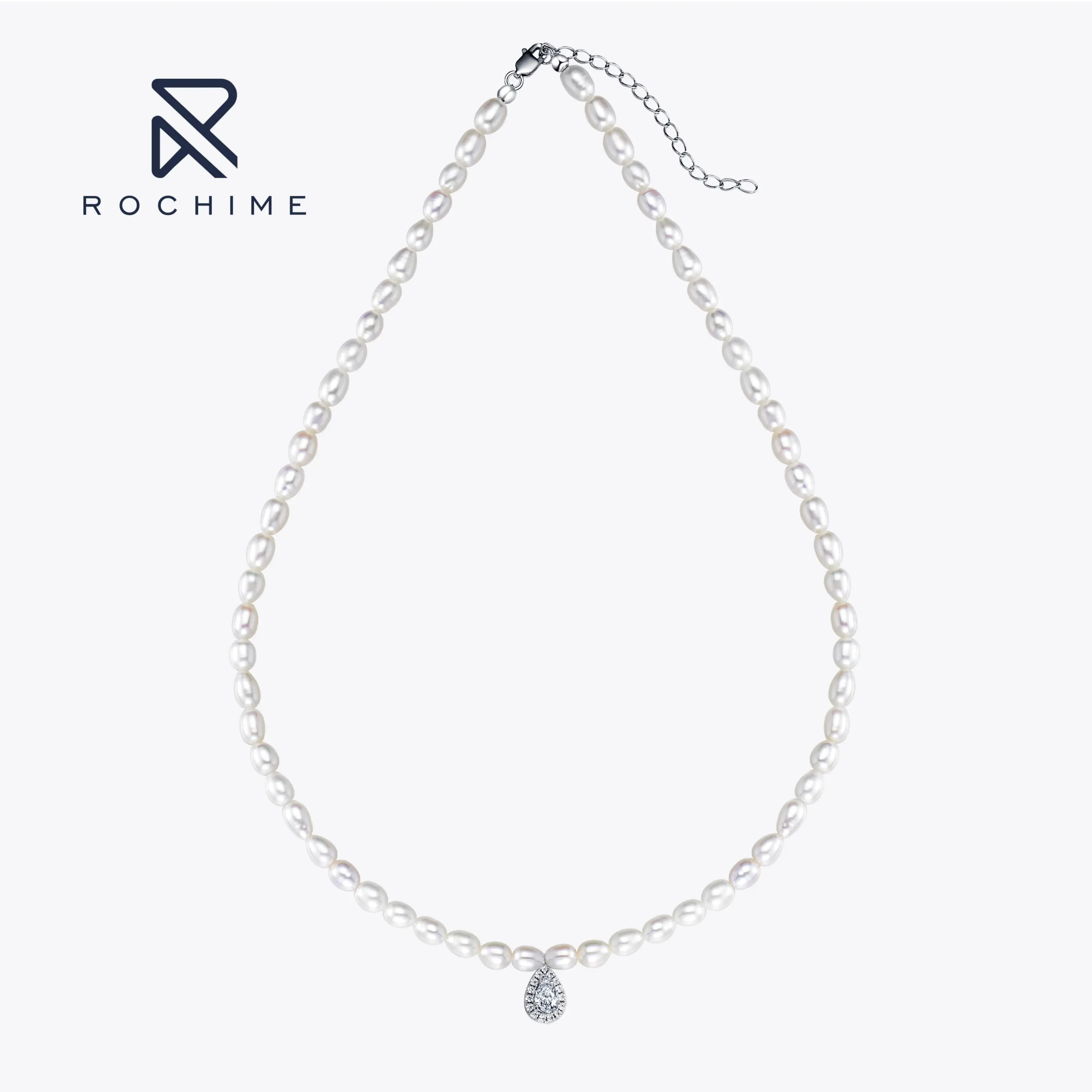 Rochime trendy fresh water pearl necklace  with pear diamond pendant 925 sterling silver gold plated 5a zircon jewelry for women