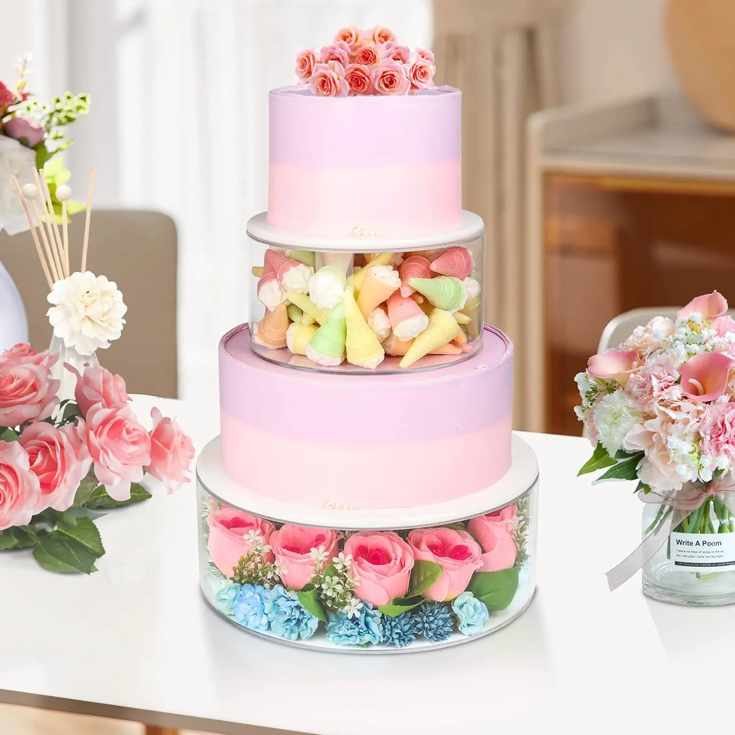 6 / 8 / 10 Inch Fillable Dessert Stand With Lid Wedding Party Centerpiece Clear Acrylic Cake Separator