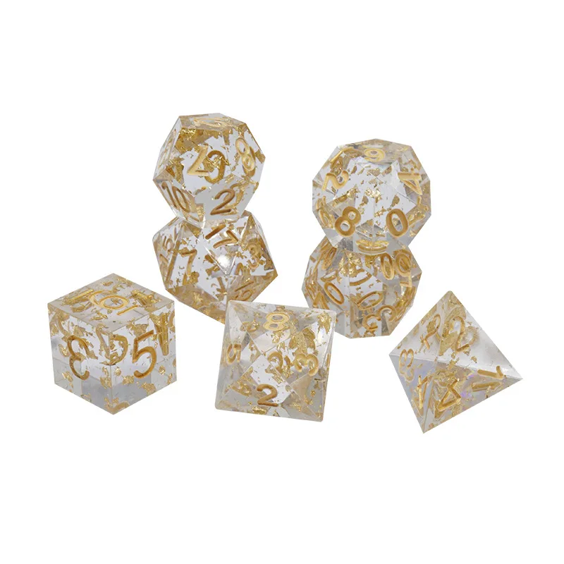 Custom Transparent Resin Sharpe Edge Gold Foils Inside Dice Set For Games Multi-Faced Custom Dice