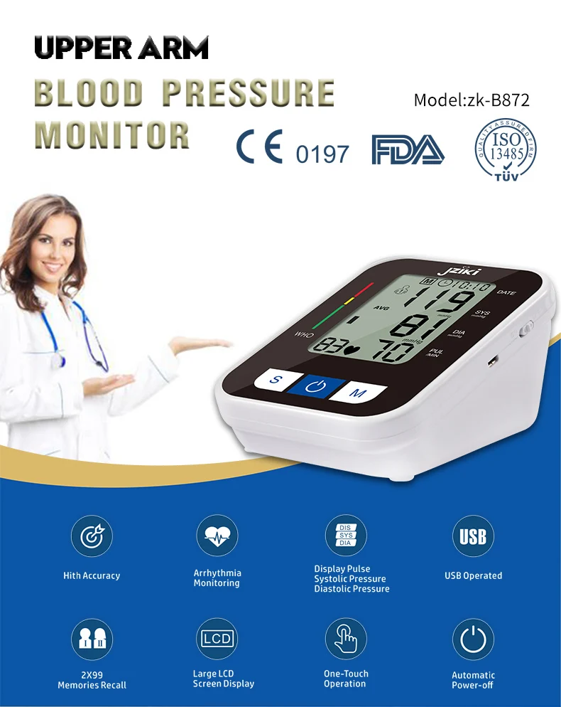 One Key Quick Response Automatic BP Apparatus Blood Pressure Measuring Tool with Impact Design