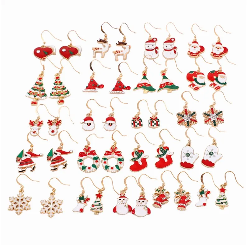 New Creative Christmas Jewelry Cartoon Enamel Metal Cute Christmas Santa Claus Tree Elk Earrings Holiday Gift Earrings