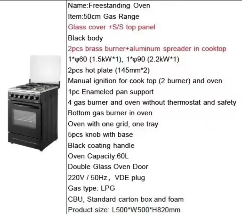 hot selling 2 gas burner  2 electricity burner Multi-headed Europea baking  integrated oven stove