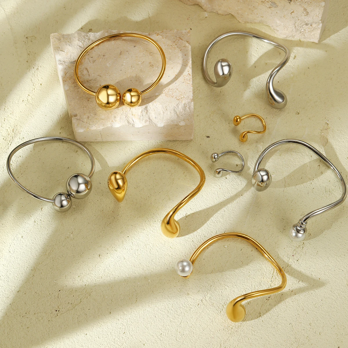 Stainless Steel Jewelry Set 18K Gold PVD Waterproof 316L Titanium Steel Open Bangle & Ring Tarnish Free Exquisite Polish Jewelry