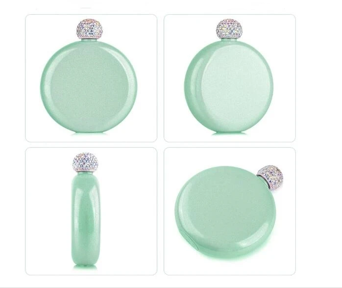 Круглая фляжка из нержавеющей стали с крышкой со стразами, 5 унций