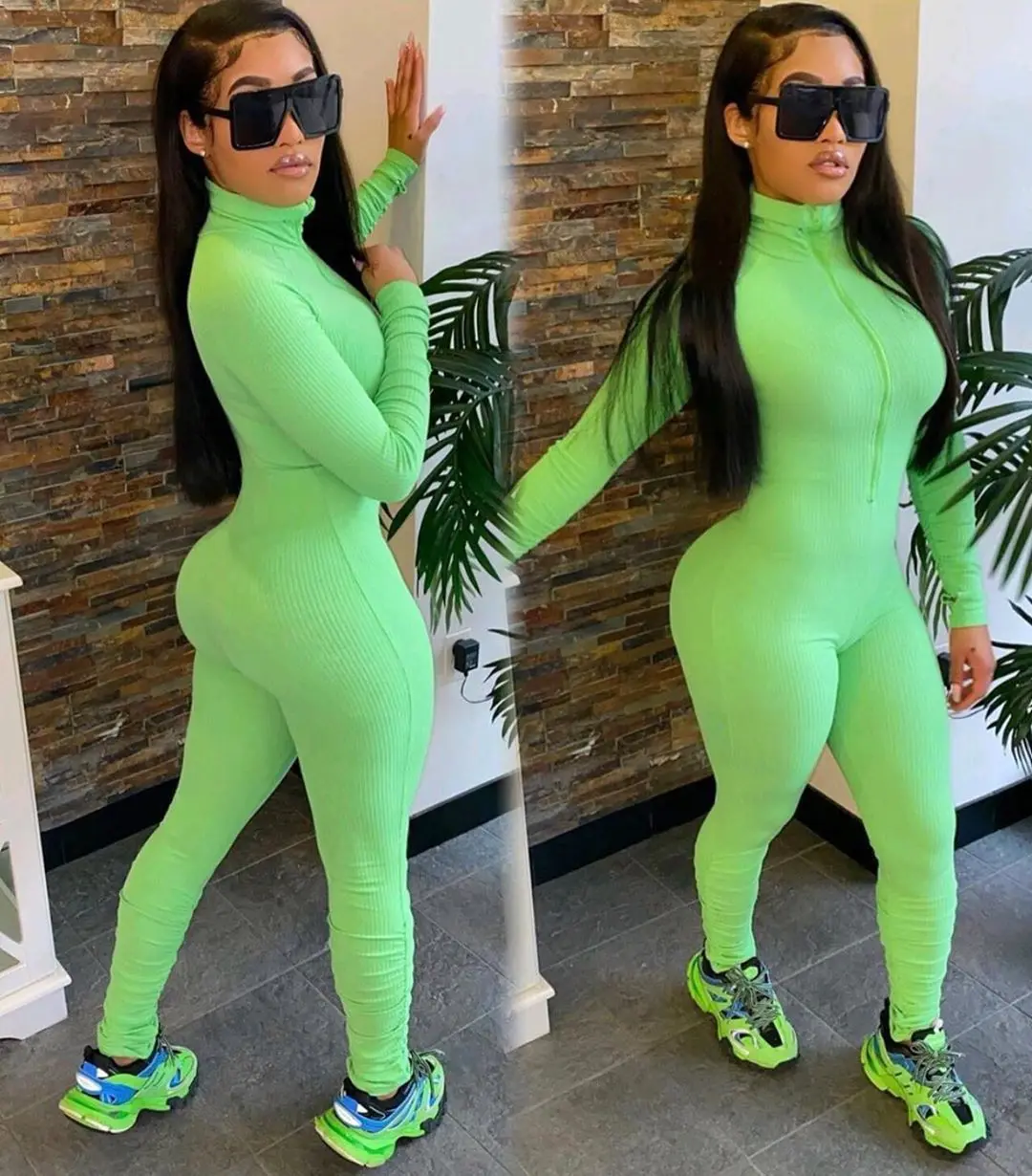  FF1001 Fall Knitting Zipper Solid Color Rompers 2021 Sexy High Collar Long Sleeves Club Wear Skinny Jumpsuit And Woman