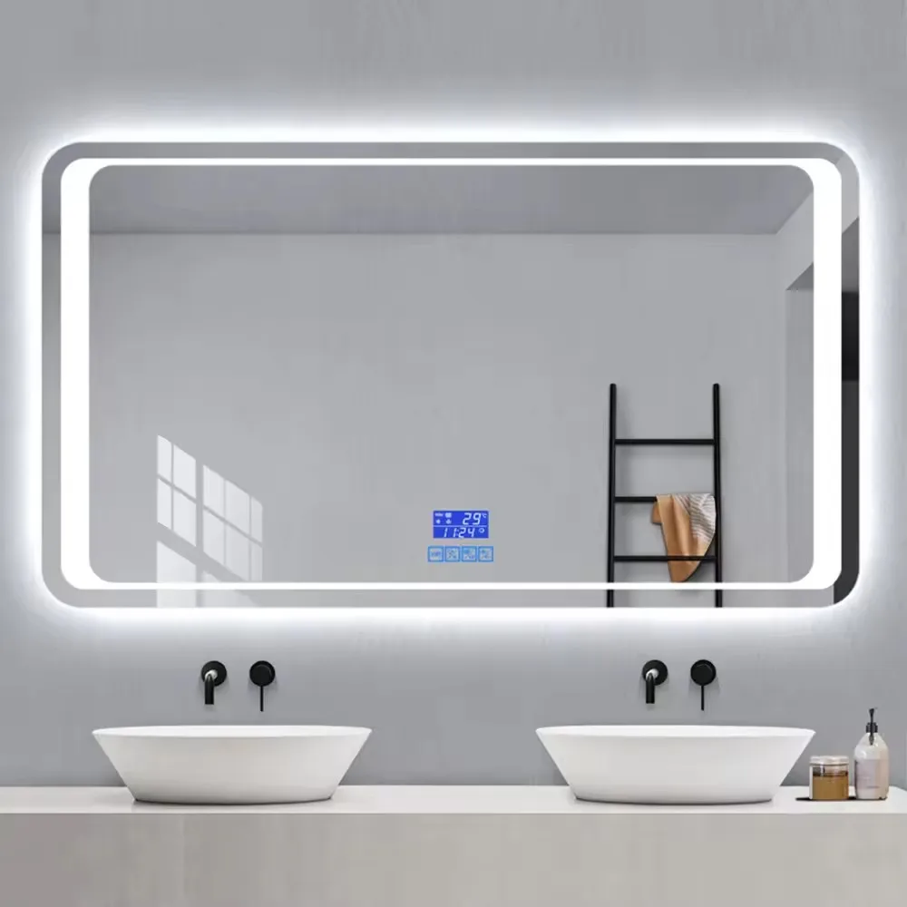 Factory Direct Wall Mounted LED Lighting Bathroom Mirror with Touch Screen Intelligent Rectangular Backlight Aluminum Lenses