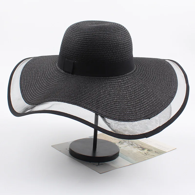 wholesale female elegant summer beach hats Mesh trimmed oversized women wide brim straw sun hats