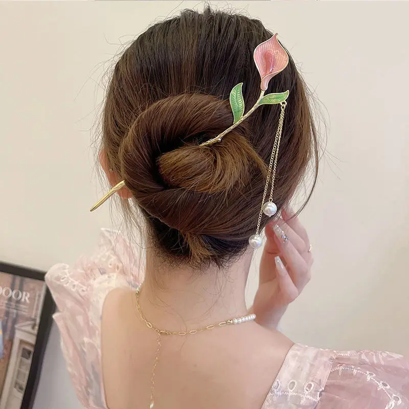 RARA 2022 Hot Sale New Hair Accessories Women Elegant Calla Hair Fork with Tassels Metal Hair Stick Beautiful Hairpins for Girls