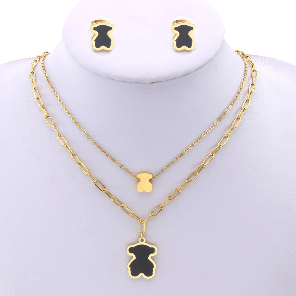 Fashion Stainless Steel Gold Bear Design Gemstone Jewellery guangzhou Jewellery Set