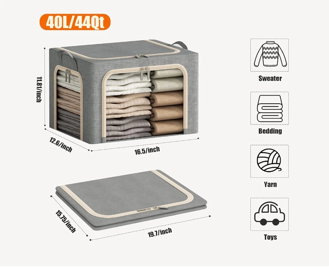 3 open clothing storage boxes with metal frames, foldable clothing storage boxes, and clothing storage boxes with lids