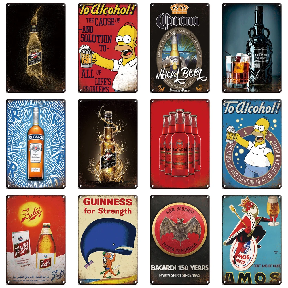 Bar Beer Vintage Metal Tin Signs, 20cm X 30cm, Bar Drinks Retro signs for Bar/Cafe/Home Kitchen/Restaurant/Garage/Man Cave.