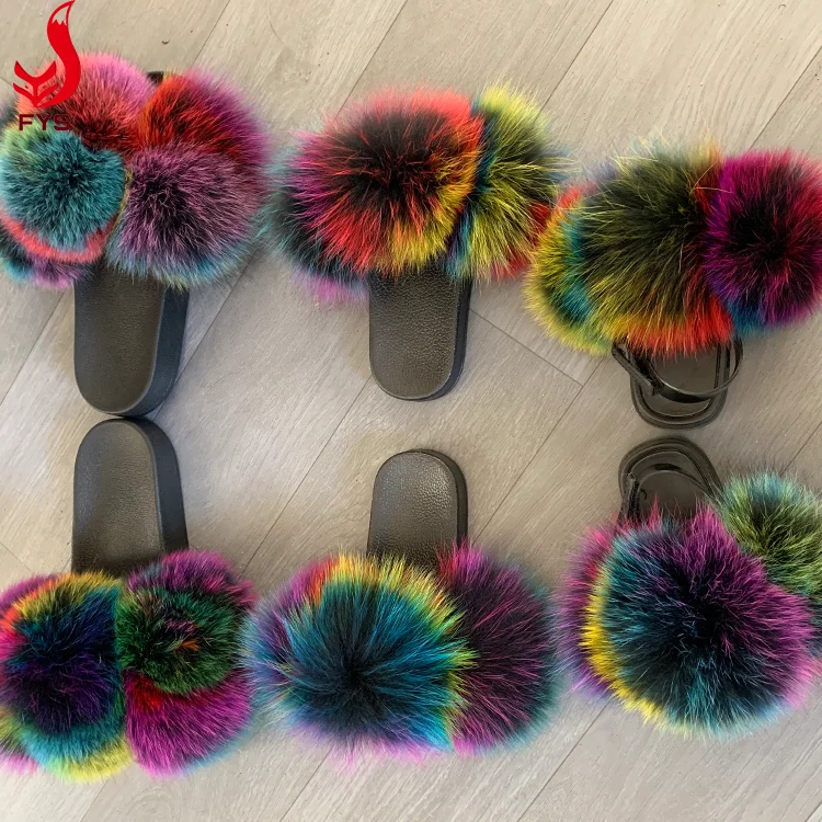 
New trendy mixed color 6 balls fur flat slipper sandals fox fur pom pom slides for women and baby 