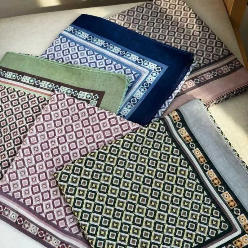 2024 Malaysia Printed Square Scarf Cotton Voile HIjabs Classic Plaid 110*110cm Islamic Muslim Hijab