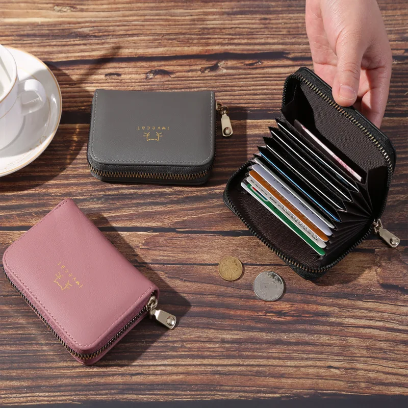 Multi-slots Card Holder Coin rock short zipper organ Small Minimalist RFID Blocking leather wallet women