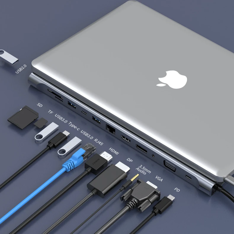 Manufacture MST tf card 12 in 1 4K 60hz Converter Ethernet usb-c 3.0 USB C HUB Dock For Macbook and windows