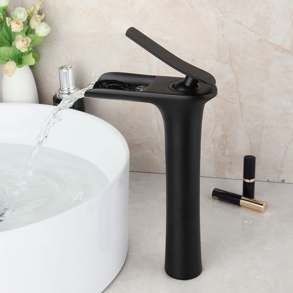 JIENI Matte Black Bathroom Basin Faucet Mounted Basin Vessel Sinks Waterfall Mixer Tap Black Water Faucet Tap