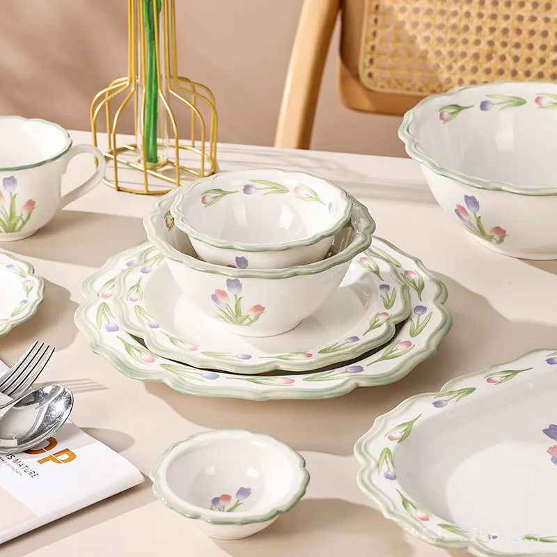 Solhui Ceramic Nordic ins light luxury tableware minimalist soup bowl and plate tulip dinnerware