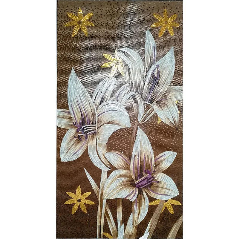 Classic Luxury Hand cut Gold Lily Flower Art Pattern Decorative Crystal Glass Mosaic Mural Tile Pictures