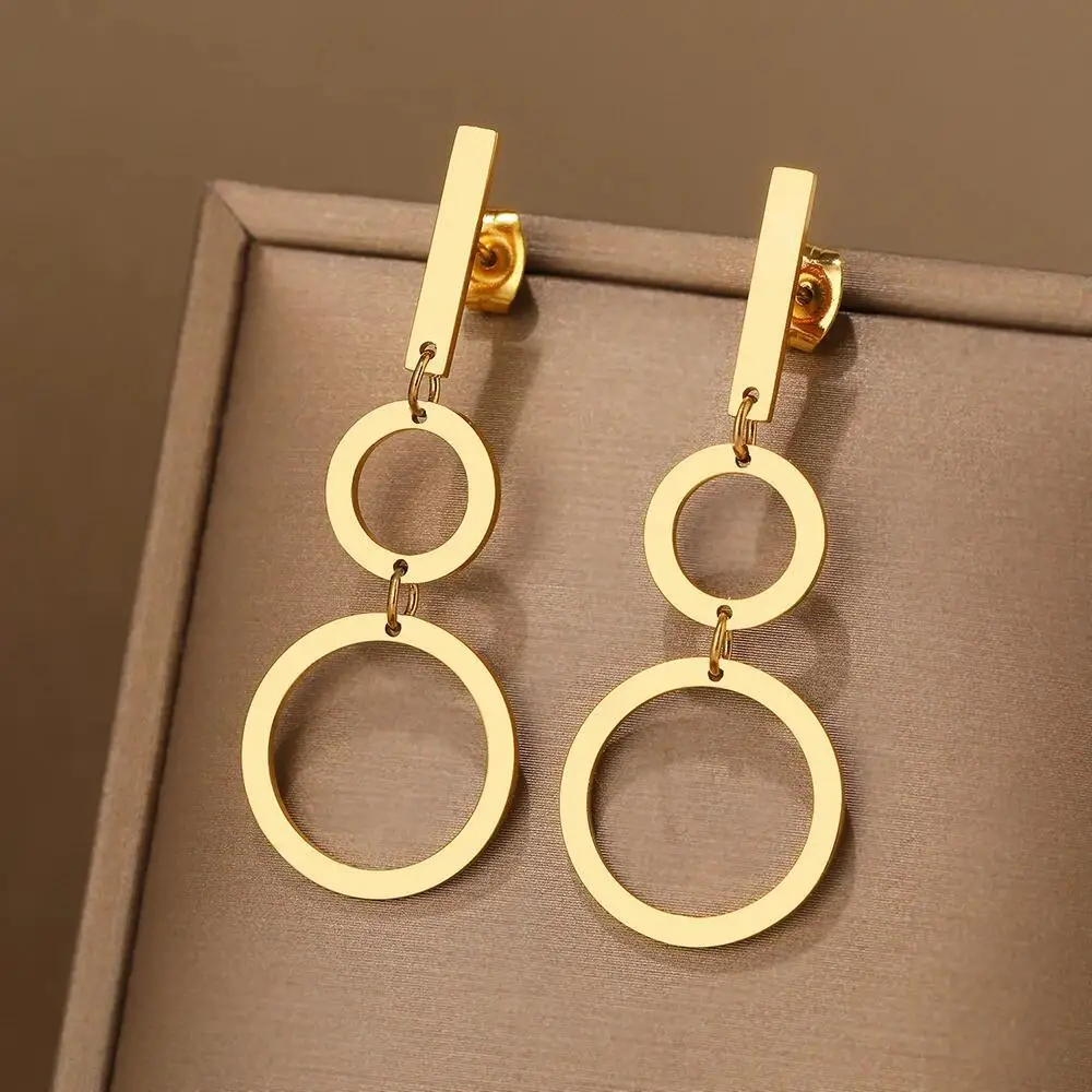 luxury street photos fashion high-end color resistant stainless steel gold double circle long earrings for women