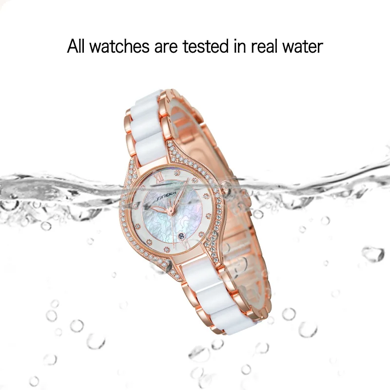 SINOBI Fancy Watch for Ladies S9857L Ceramic Alloy Rosy Strap Delicate Pearl Dial Lady Analog Bezel Iced Out Quartz Watches