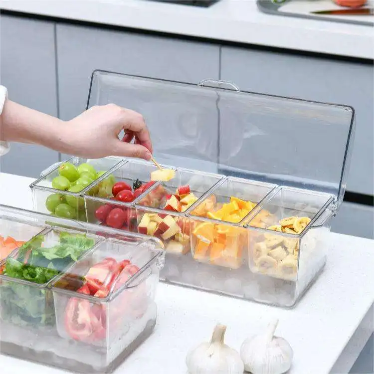 Plastic Clear Fruit Condiment Servers Ice Chilled Serving Ice Tray Acrylic Ice Chilled Condiment Caddy with 5 Containers