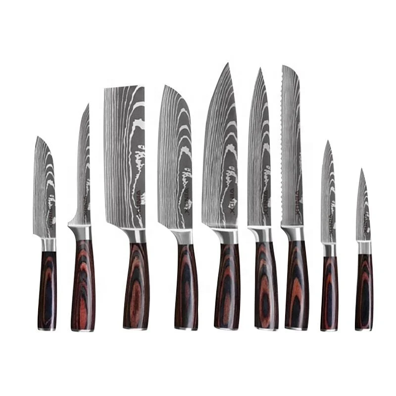 9 Pcs Handmade Knife Damascus Steel Layer Pattern Kitchen Chef Knife Set