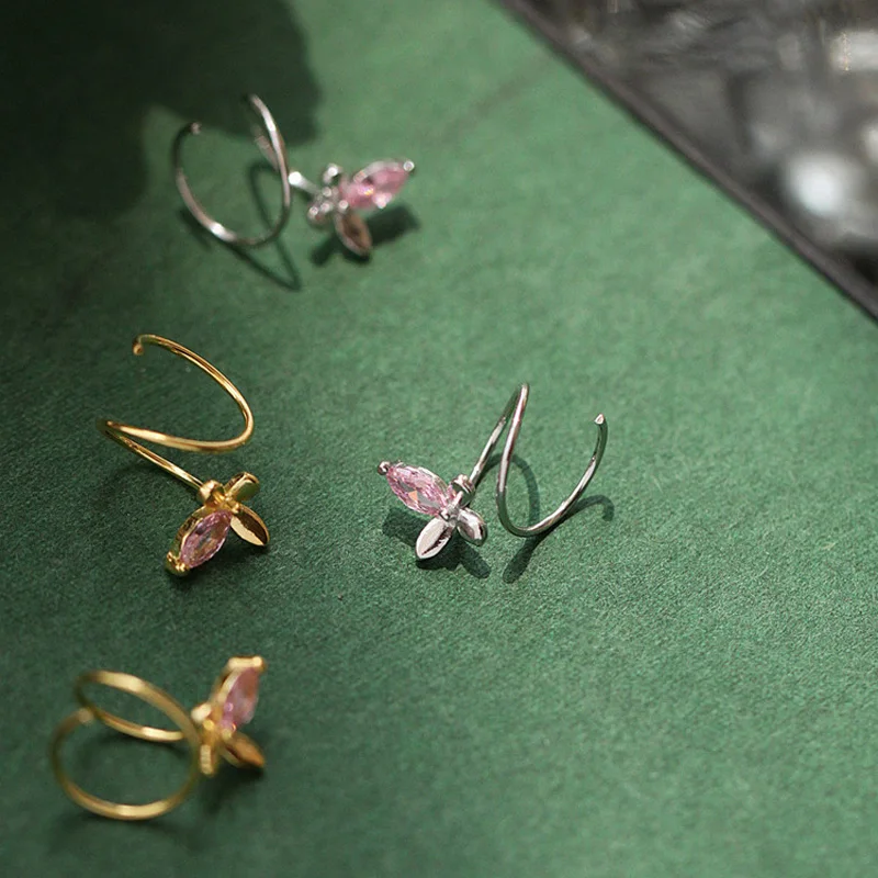 Hot selling sweet ladies jewelry spiral 925 sterling silver hoop pink zircon butterfly earrings