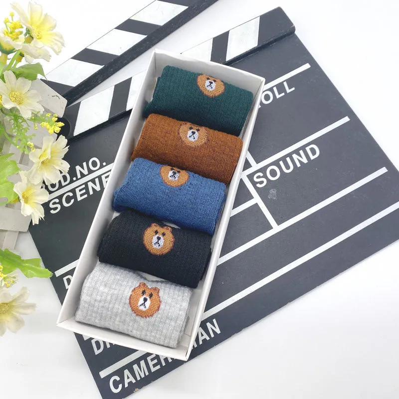 Wholesale Womens Woman Teen Girl Ankle Korea Cartoon Socks Short Cheap Fashion Funny White Cotton 5 Pairs Box Socks