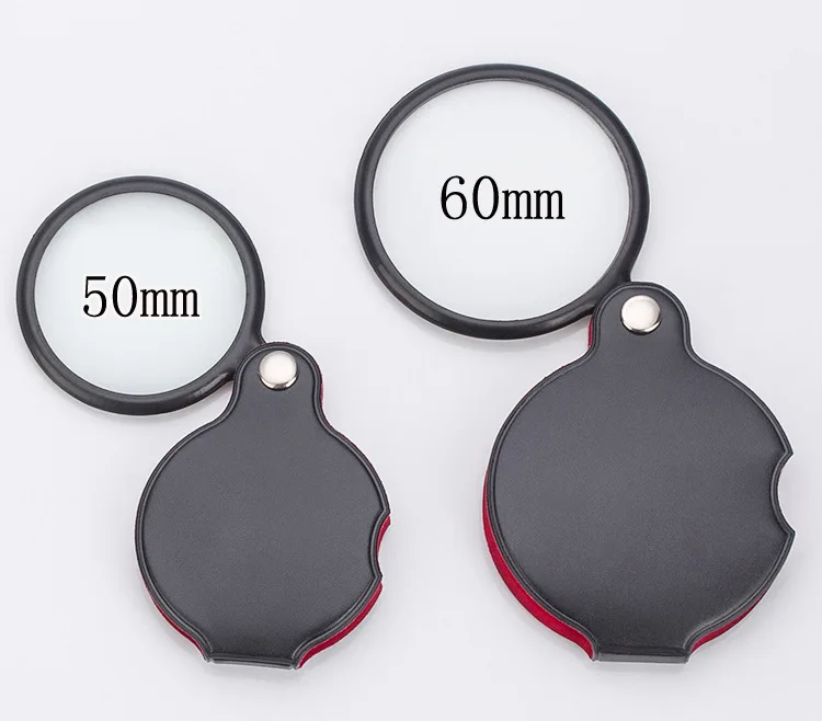 Large Plastic 50MM Portable magnifying glass with light Tempered Glass Artificial Leather Handheld Foldable magnifying glass