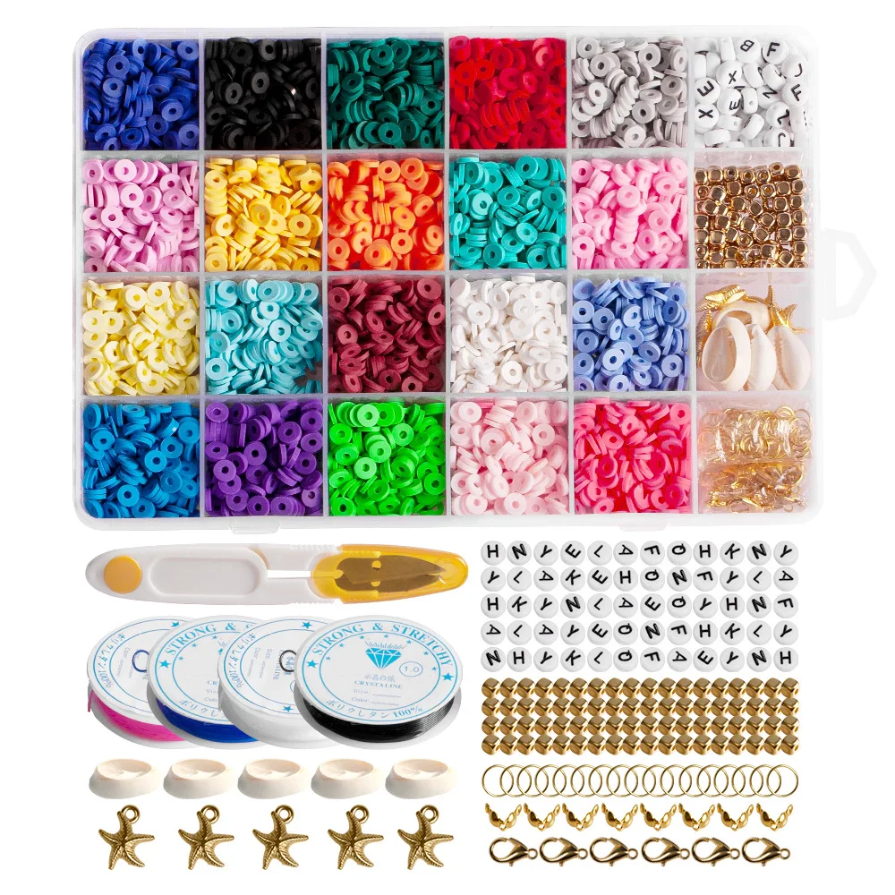 4000 Pcs Clay Beads 6mm 20 Colors Flat Round Polymer Clay Spacer Beads with Pendant Charms Kit and 4 Roll Elastic Strings heishi