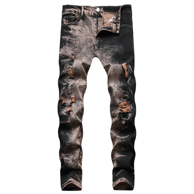 2023 High Quality New Style Men Retro Nostalgic Slim Jeans Distressed Washed Bleach Dye Straight Denim Pants For Men
