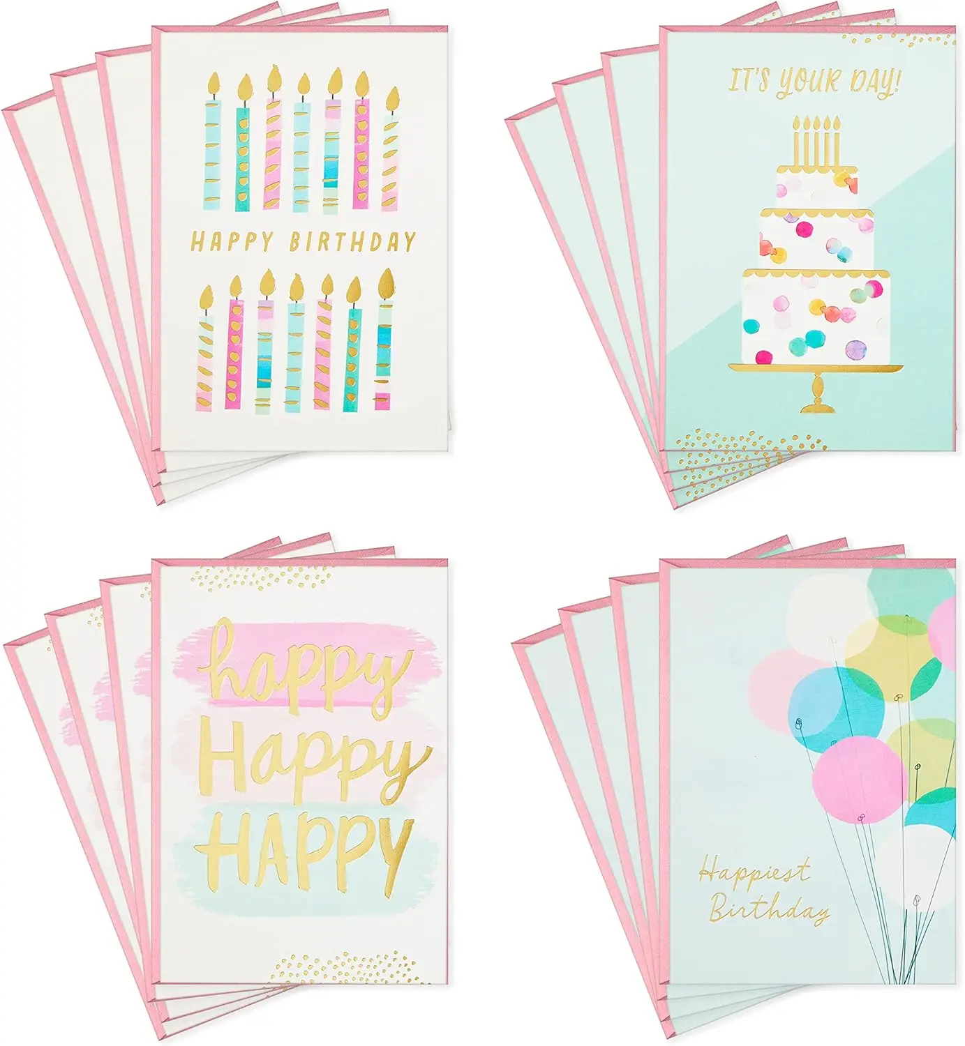 Custom Design Birthday Cards Assortment Cards with Envelopes Cake Candles Balloons Different Colors and Cute Pictures