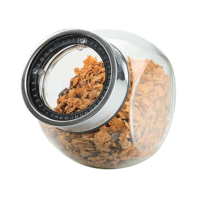 large round transparent glass food organizer cookies storage box container jar set with date indicator dial lids