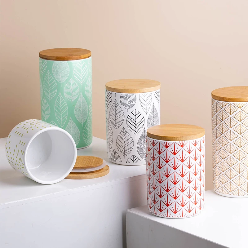 Food Storage Canister Ceramic Red Print Jar Bamboo Lid Sugar Coffee Tea Container Jar For Food