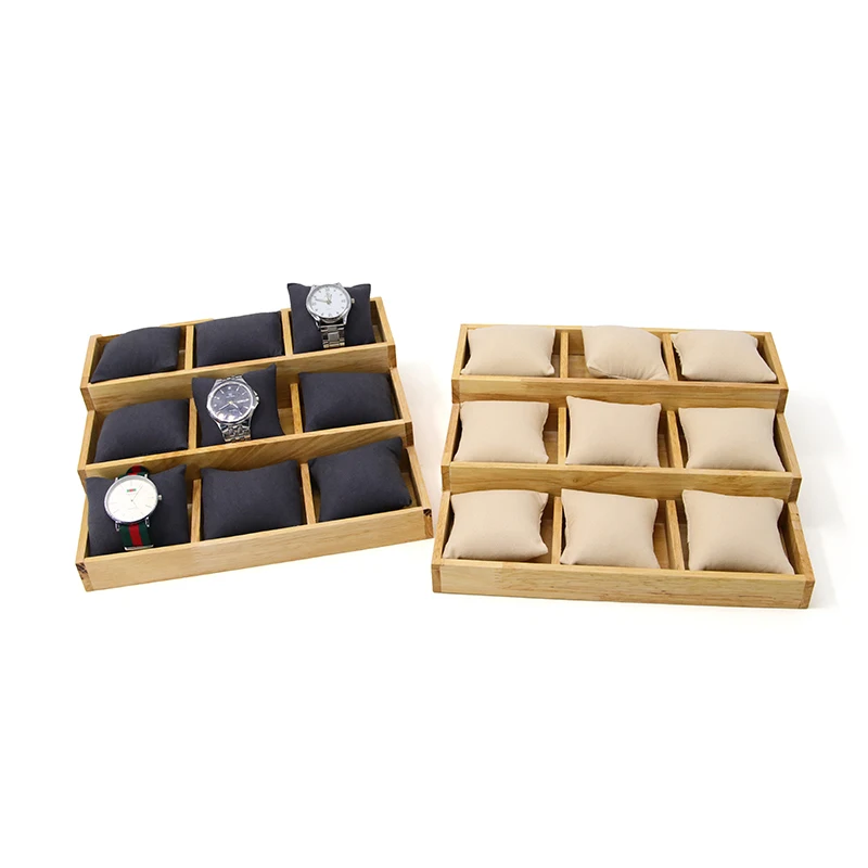 Wholesale hot sale watch bracelet display props beige solid wood 3-layer 9-position pillow tray