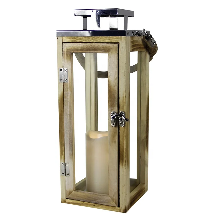 Outdoor Decorative Batteries Operated Candle Light Lantern Wooden Glass Lantern Candle Holder with Rope Handle