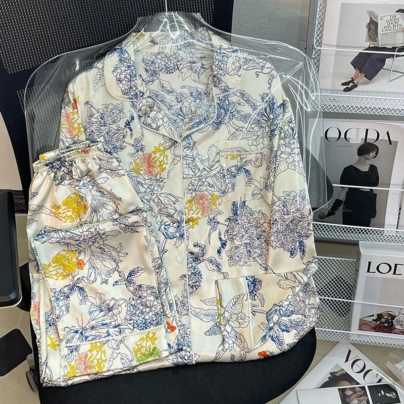 Light Luxury Spring and Summer New Silky Pajamas Women Monet Flowers Senior Sense of Long-sleeved Cardigan Temperament Homewear