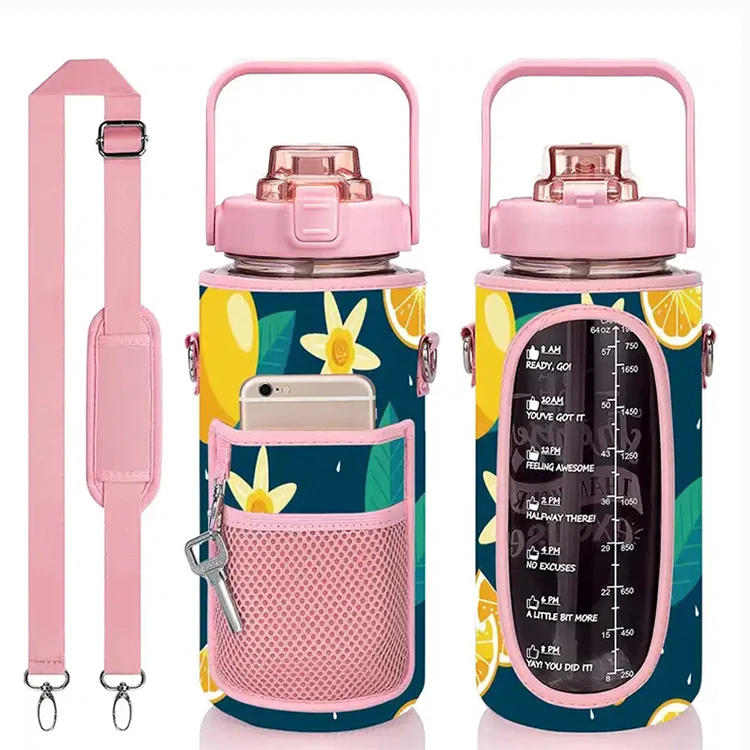 Wilson 64OZ Neoprene Water Bottle Cooler Sleeve With Strap Motivational Time Maker Water Bottle Cover Insulated Sublimation Case