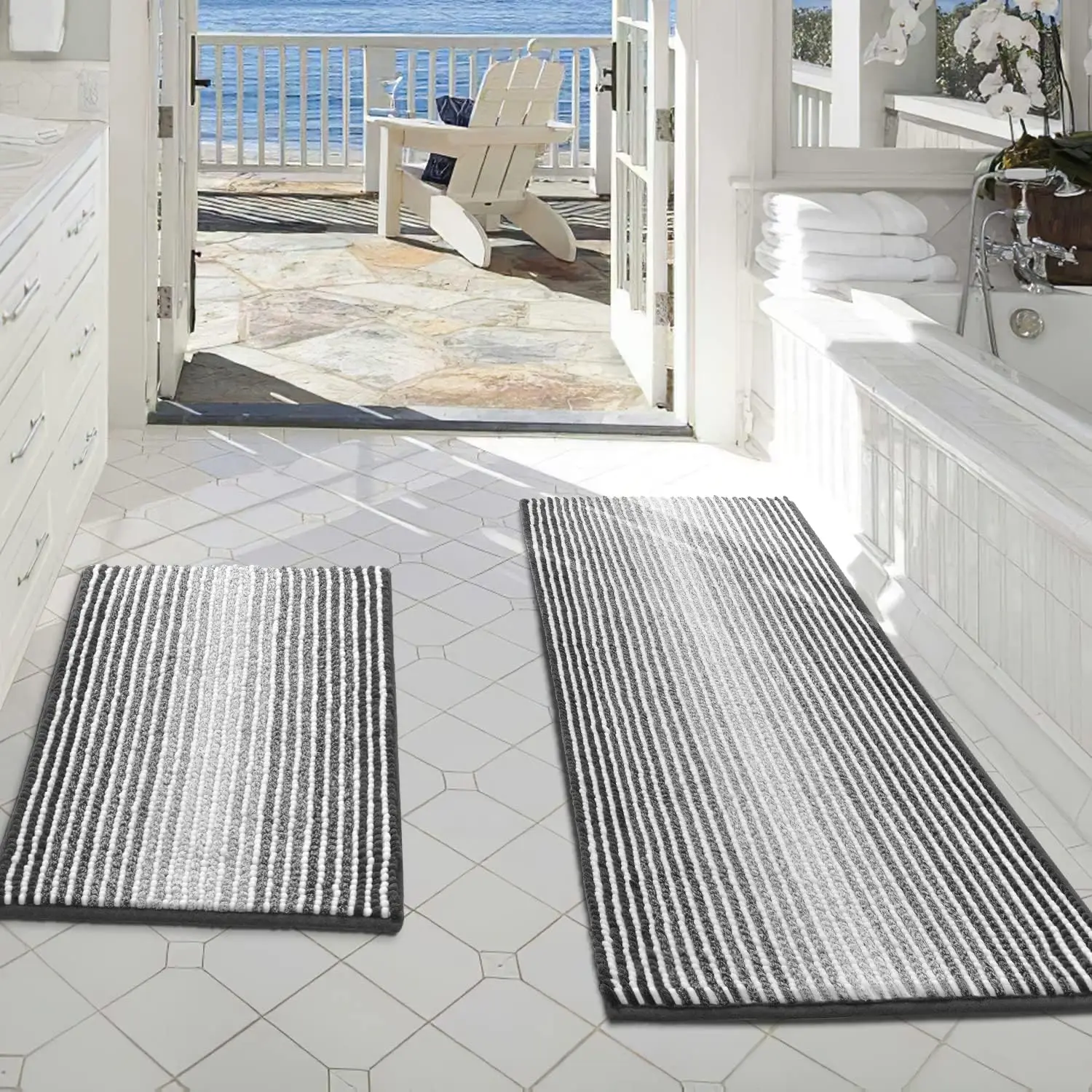 Cationic Chenille Bath Mats Sustainable Bath Rug Non Slip Backing Striped Mat For Bathroom Unique Cationic Dyes Process