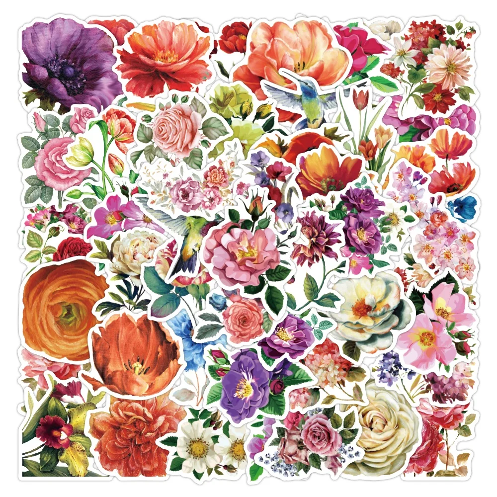 50pcs new ins flower stickers DIY hand account decoration fresh girl book stickers graffiti retro beautiful flower shop stickers
