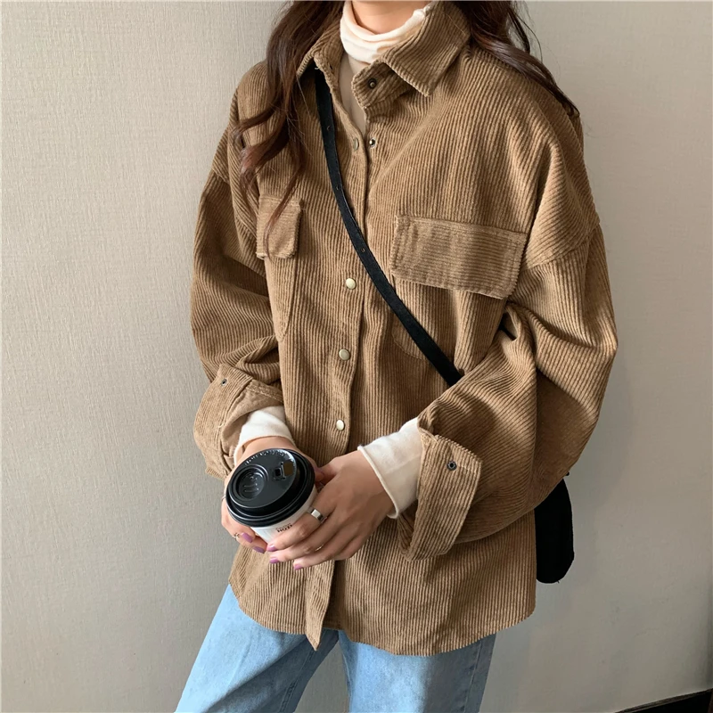 Droma Korean Style Retro Loose Corduroy Shirt Solid Color Bat Sleeve Thickened Female Jacket Coat