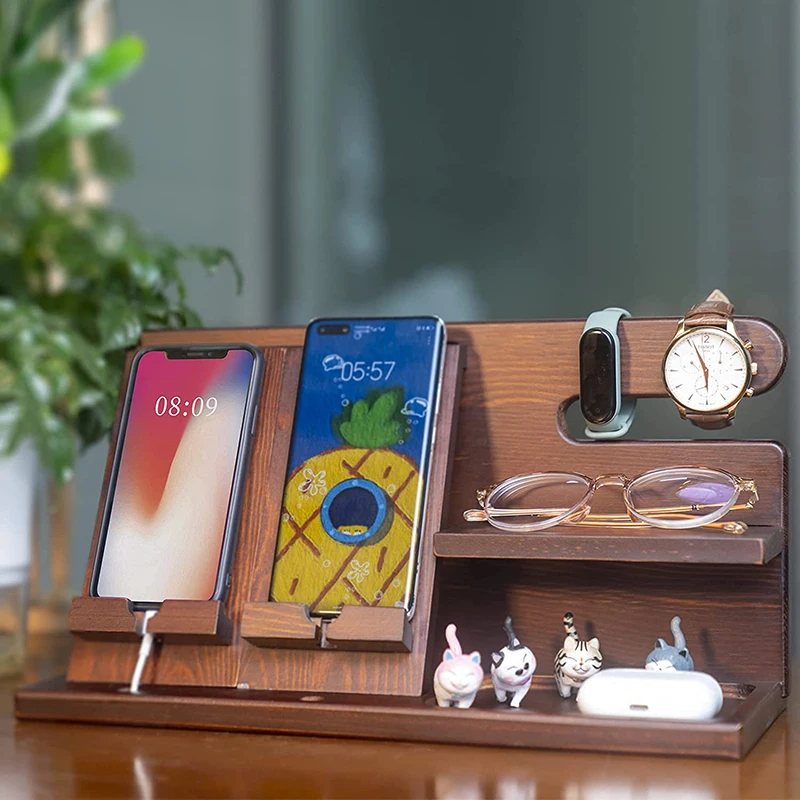 Wood Phone Docking Station and Nightstand Organizer Holds Cellphone Key Smartwatch Wooden Charging Station Accessory