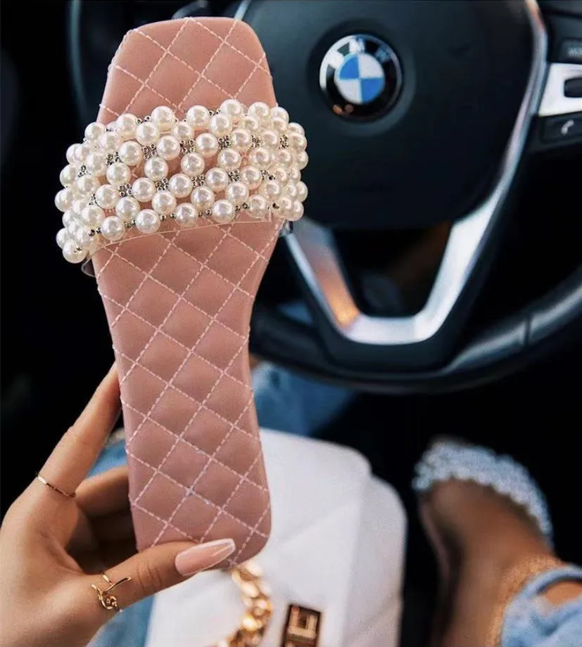 2021 Ladies Pearl Sandals Slippers Square Head Slippers Summer Fashion Outdoor Flat Square Root Beach Slippers