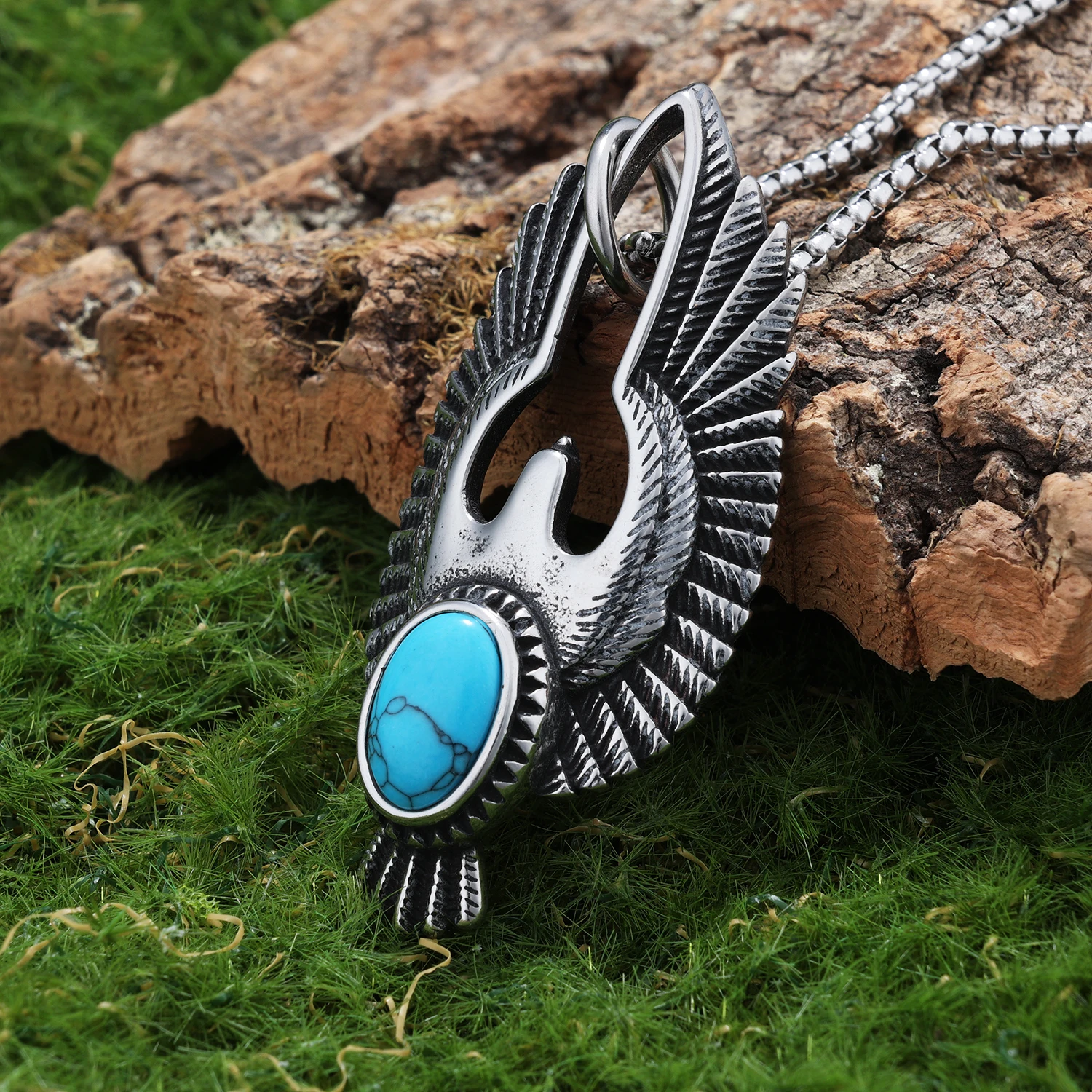 Punk Jewelry Wholesale Stainless Steel Turquoise Stone Bezel Setting Stainless Steel Material Bird Eagle Pendant Necklace