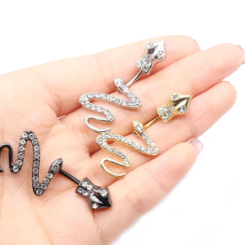  Sexy Women 316L Stainless Steel Snake Belly Ring Rhinestone Silver Navel Nail Piercing Body