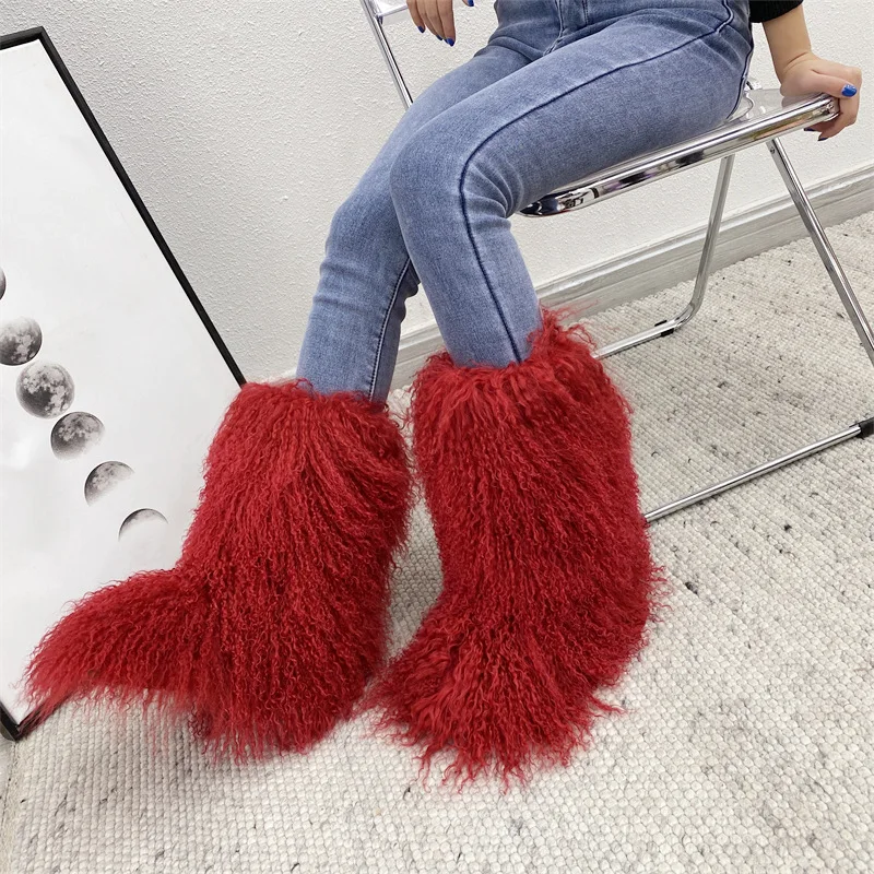 Luxury Fashion Winter Mongolian fur Shoes Woman men Home Ankle Snow Boots fluffy mongolian fur snow boots for women