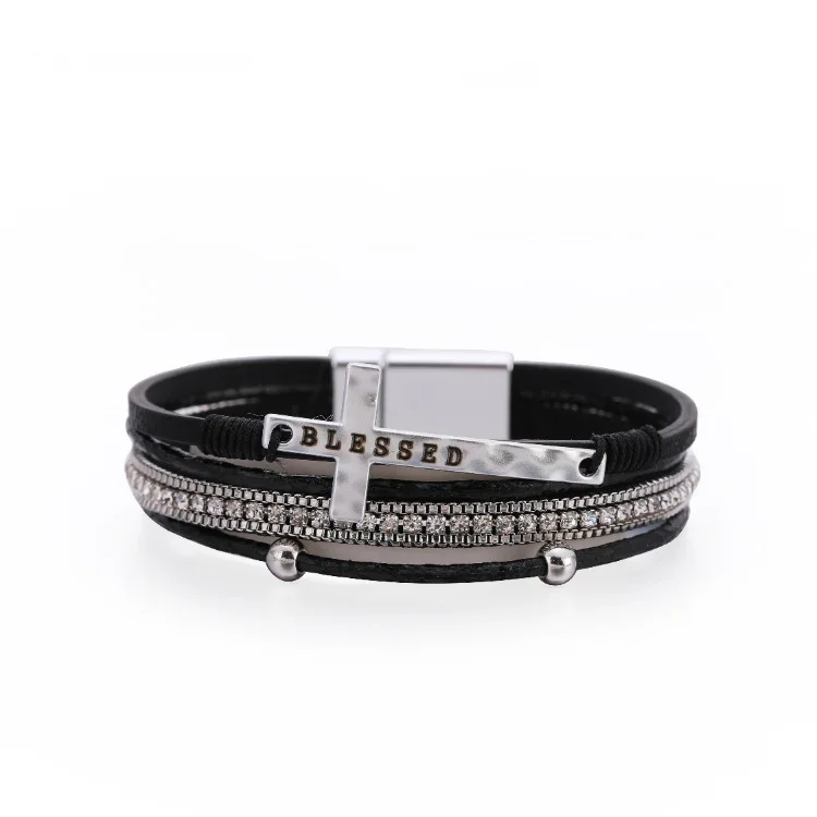 2021 New Sparking Rhinestone Crystal Cross Leather Bracelet High Quality Metal Blessed Letter For Men