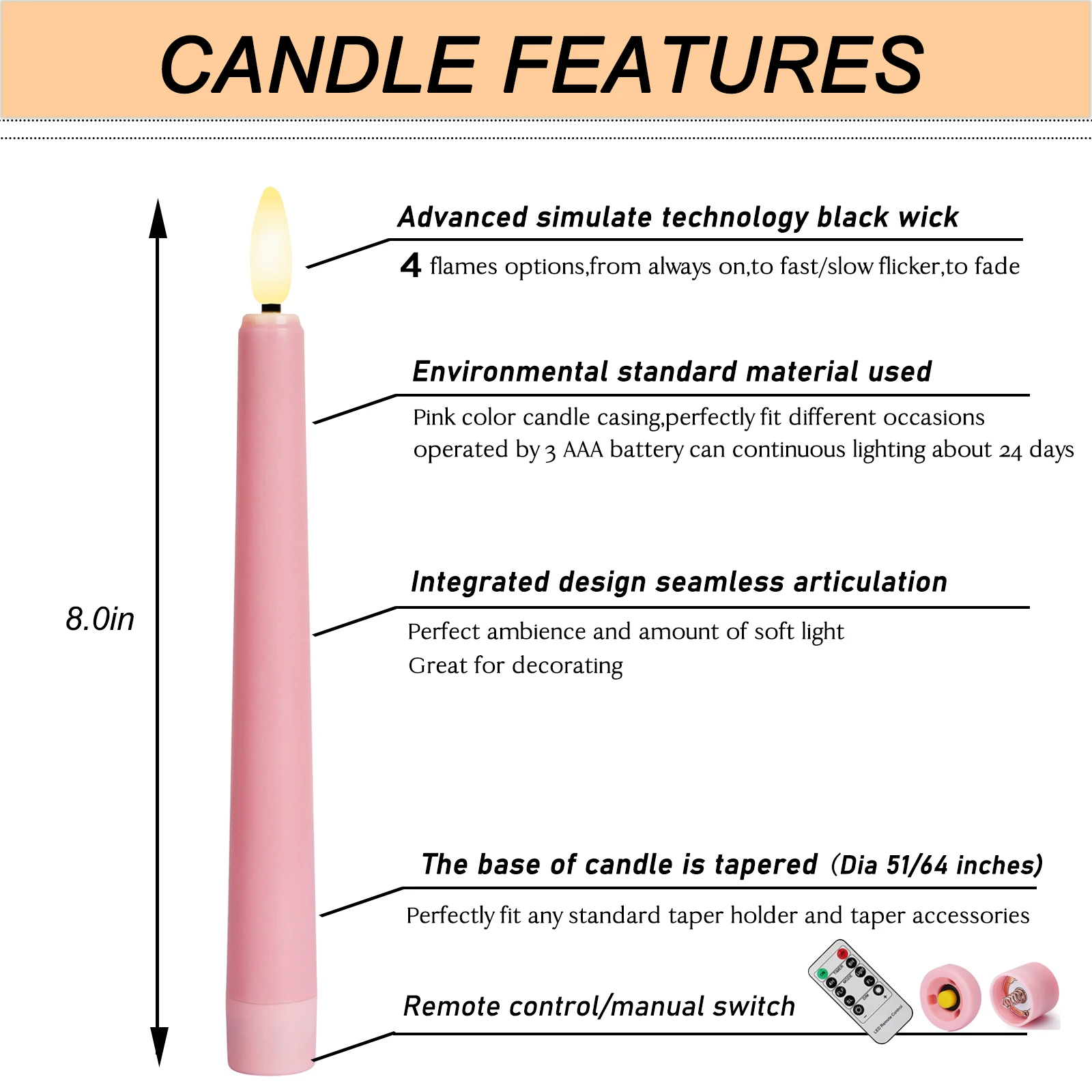 2023 Last Design Wedding Candle Wholesale Flameless Candle For Wedding Party And Home Decor Pink Color Dia 2x Height 21cm