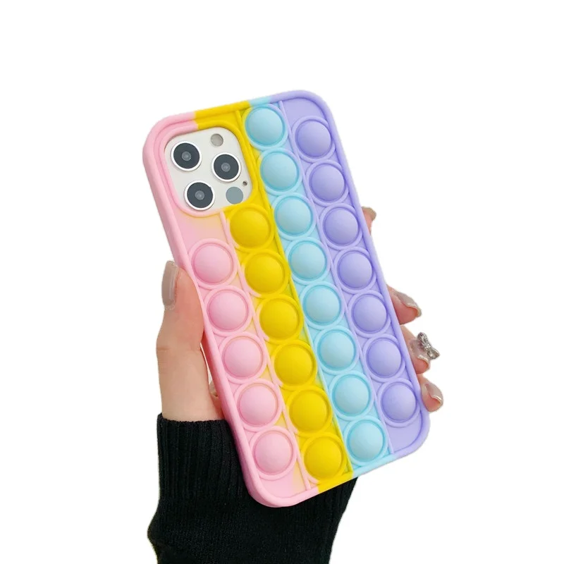 
Wholesale Rainbow Push Bubble Fidget Sensory Toy Push Pop It Bubble Silicone Phone Case For iphone 6/7/8/X/11/12 