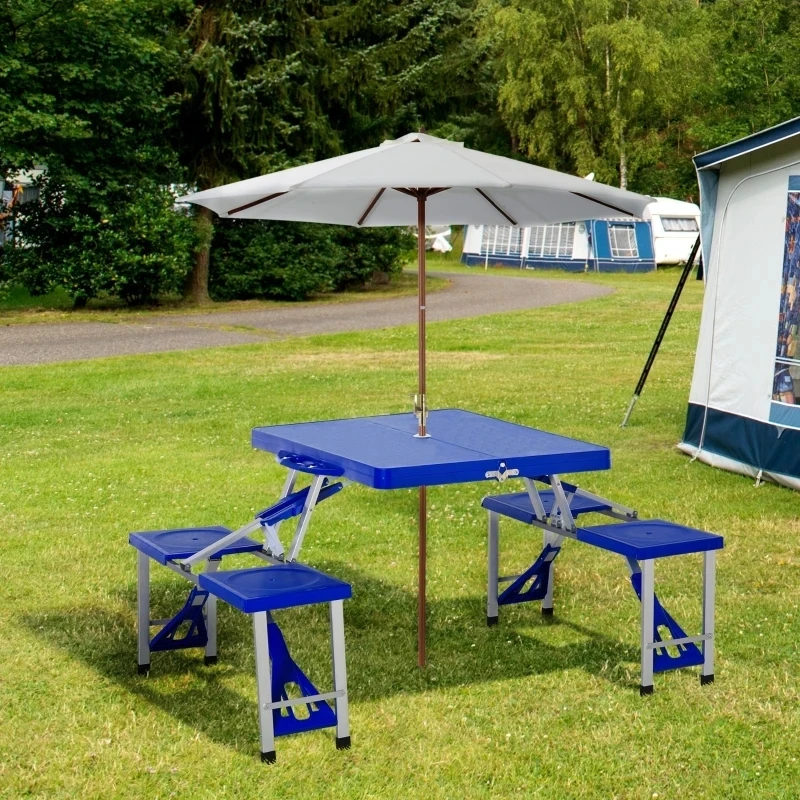 Modern Blue ABS Foldable Camping Outdoor Table and chars Portable Folding Picnic Table with umbrella hole